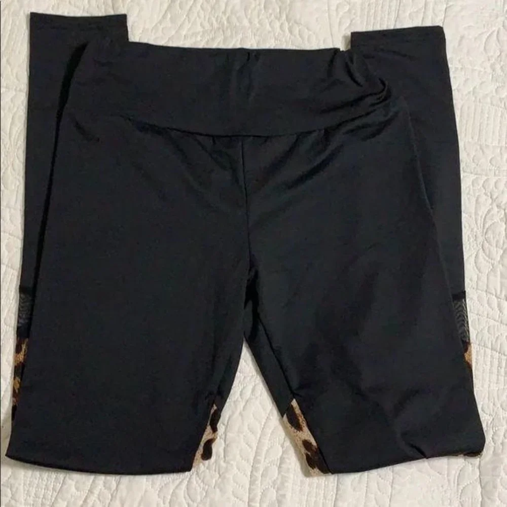 Wila Black Leopard Color Block Mesh Full Length Leggings Small - Picture 6 of 8